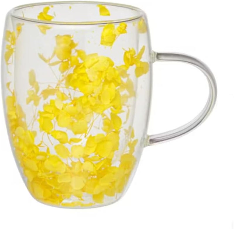 Generic Double Wall Glass Cup with Dried Flowers, Insulated Tea and Coffee Mug with Handle, Heat Resistant (Yellow Dried Flowers)